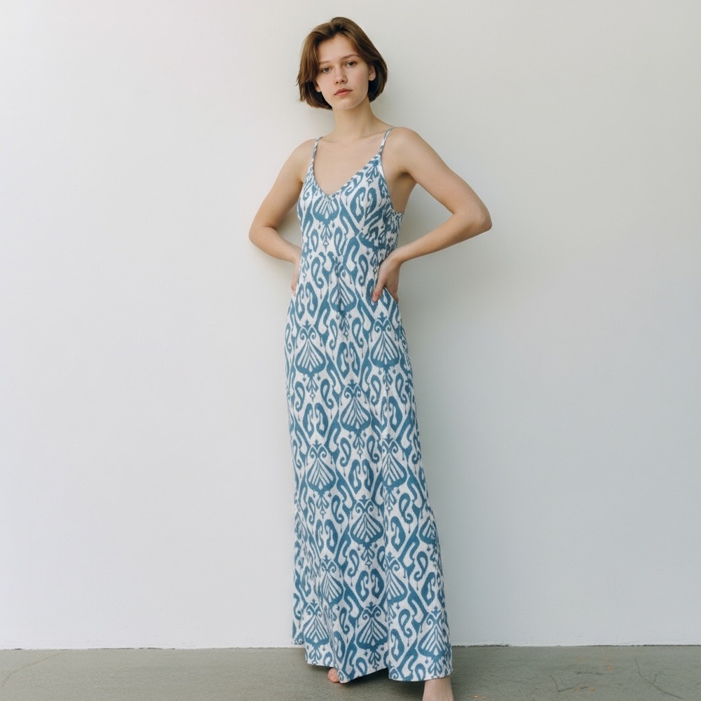 New maxi dress blue print spaghetti strap size XL